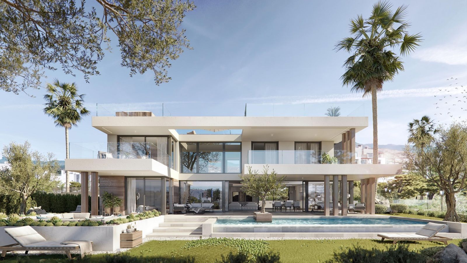 Modern two-story house with pool, palm trees, and mountain view.