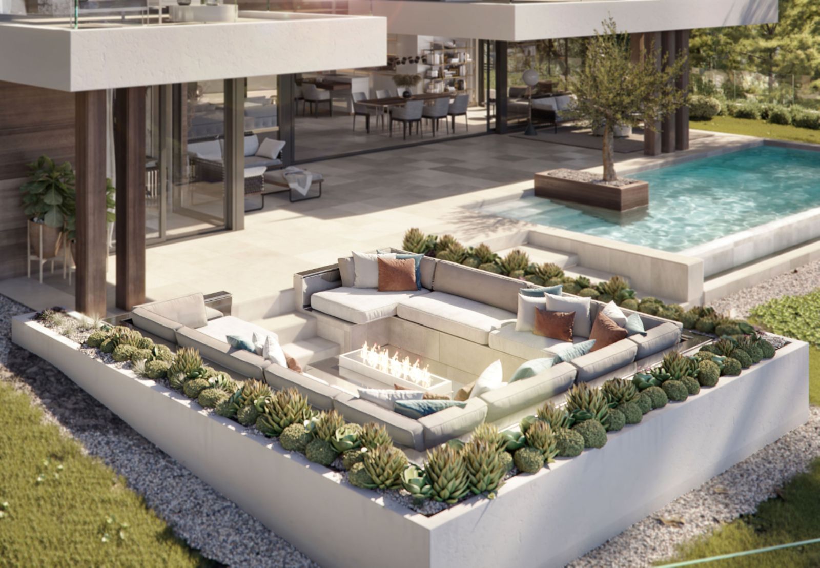 Modern outdoor living area with pool, fire pit, and lounge seating.